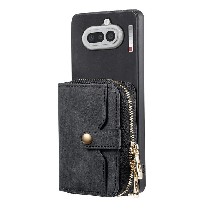 For Nothing Phone (4a) PU Leather Phone Back Cover with Zipper Card Holder and Long Strap - Black - 3