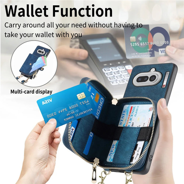For Nothing Phone (4a) PU Leather Phone Back Cover with Zipper Card Holder and Long Strap - Black - 5