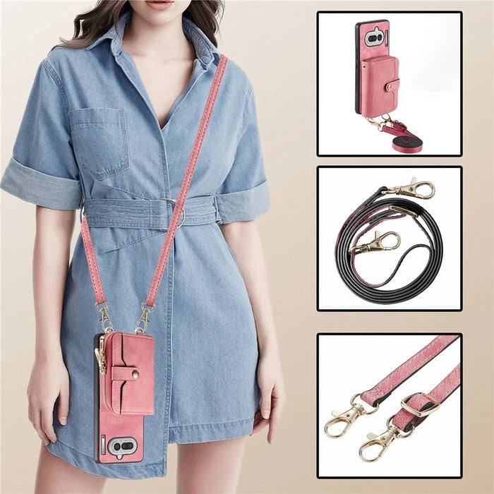 For Nothing Phone (4a) PU Leather Phone Back Cover with Zipper Card Holder and Long Strap - Black - 6