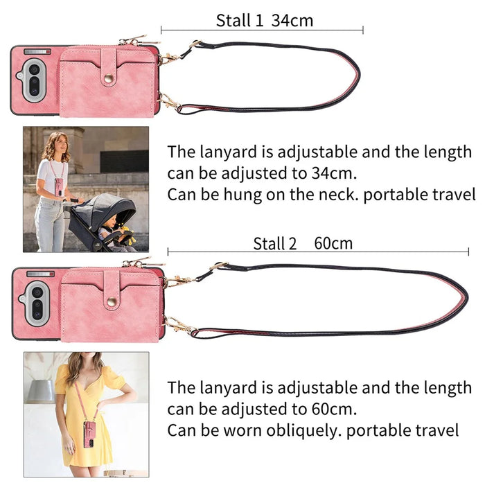 For Nothing Phone (4a) PU Leather Phone Back Cover with Zipper Card Holder and Long Strap - Black - 7