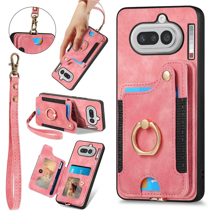 For Nothing Phone (4a) Retro PU Leather Case Phone Cover with RFID Blocking Card Holder   /   Ring Holder - Pink - 1