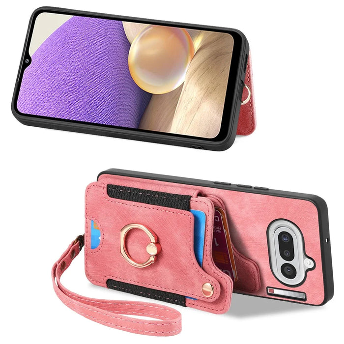 For Nothing Phone (4a) Retro PU Leather Case Phone Cover with RFID Blocking Card Holder   /   Ring Holder - Pink - 2