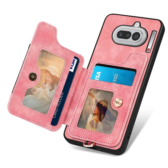 For Nothing Phone (4a) Retro PU Leather Case Phone Cover with RFID Blocking Card Holder   /   Ring Holder - Pink - 3