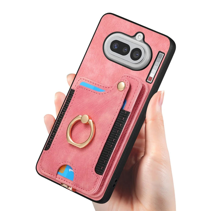 For Nothing Phone (4a) Retro PU Leather Case Phone Cover with RFID Blocking Card Holder   /   Ring Holder - Pink - 4