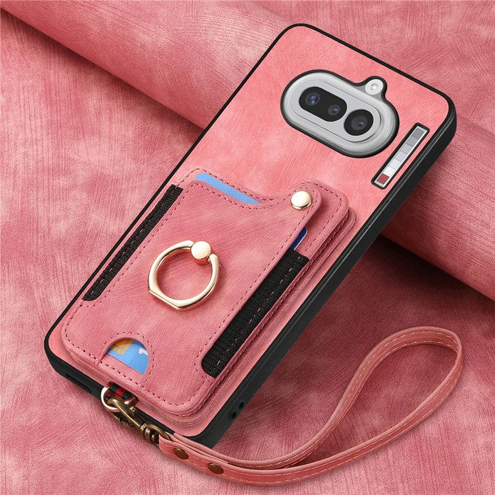 For Nothing Phone (4a) Retro PU Leather Case Phone Cover with RFID Blocking Card Holder   /   Ring Holder - Pink - 5