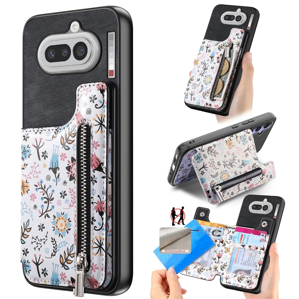 For Nothing Phone (4a) Leather Phone Cover with RFID Blocking Zipper Card Bag Kickstand - Black - 1