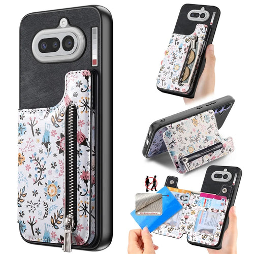 For Nothing Phone (4a) Leather Phone Cover with RFID Blocking Zipper Card Bag Kickstand - Black - 1