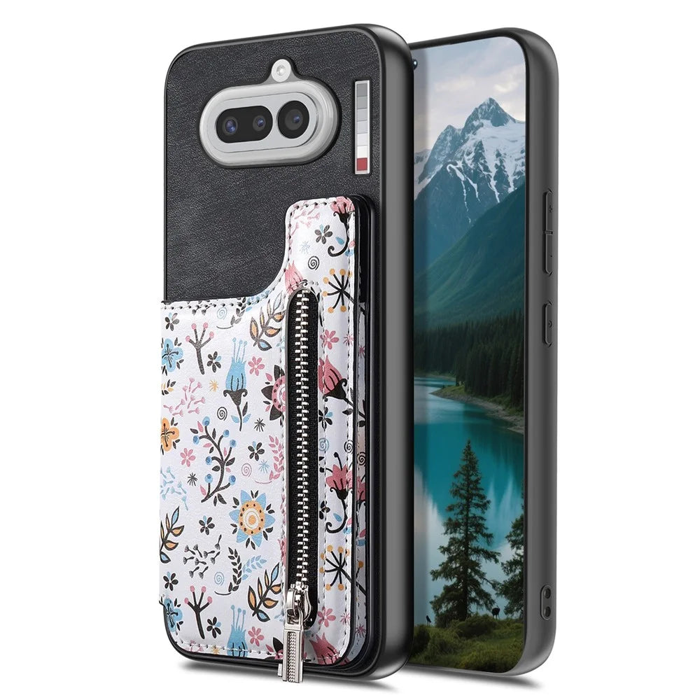 For Nothing Phone (4a) Leather Phone Cover with RFID Blocking Zipper Card Bag Kickstand - Black - 4