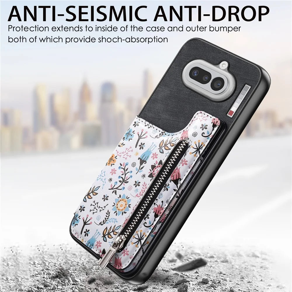 For Nothing Phone (4a) Leather Phone Cover with RFID Blocking Zipper Card Bag Kickstand - Black - 5