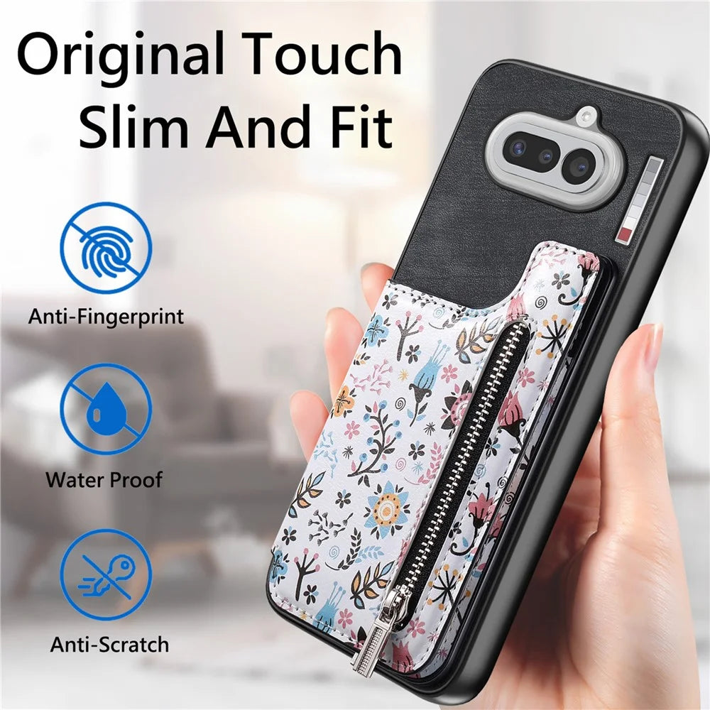 For Nothing Phone (4a) Leather Phone Cover with RFID Blocking Zipper Card Bag Kickstand - Black - 6