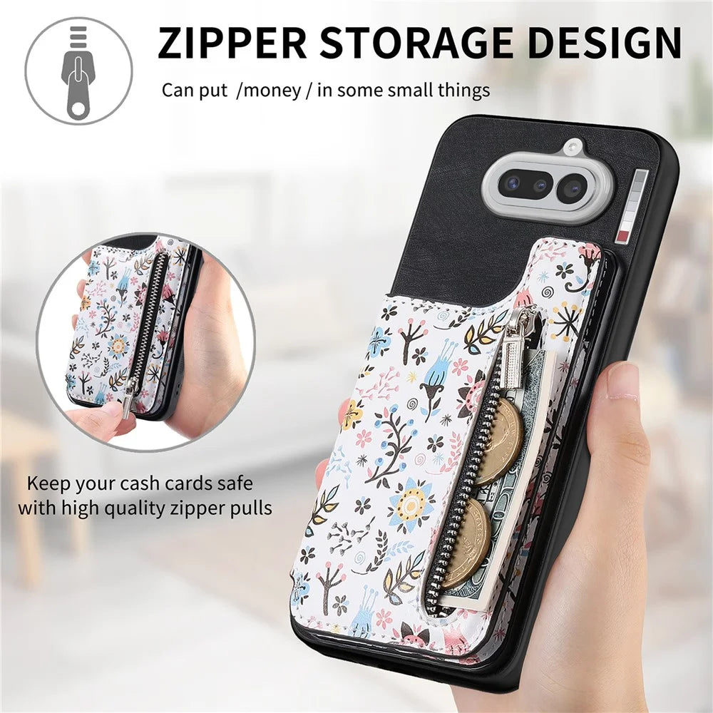 For Nothing Phone (4a) Leather Phone Cover with RFID Blocking Zipper Card Bag Kickstand - Black - 7