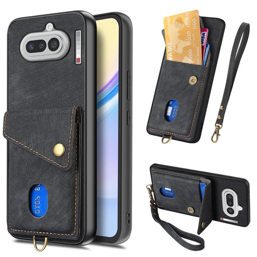 For Nothing Phone (4a) Case with Card Holder Kickstand Leather Phone Back Cover - Black - 1