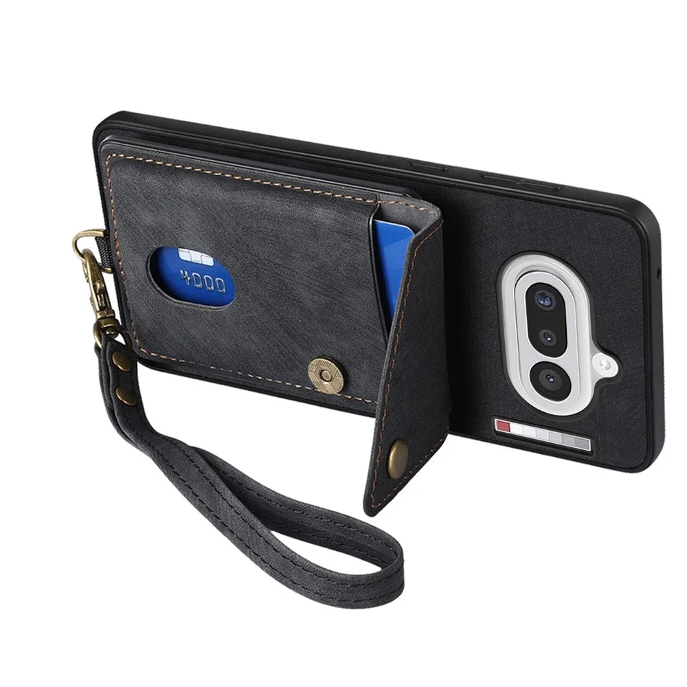 For Nothing Phone (4a) Case with Card Holder Kickstand Leather Phone Back Cover - Black - 3