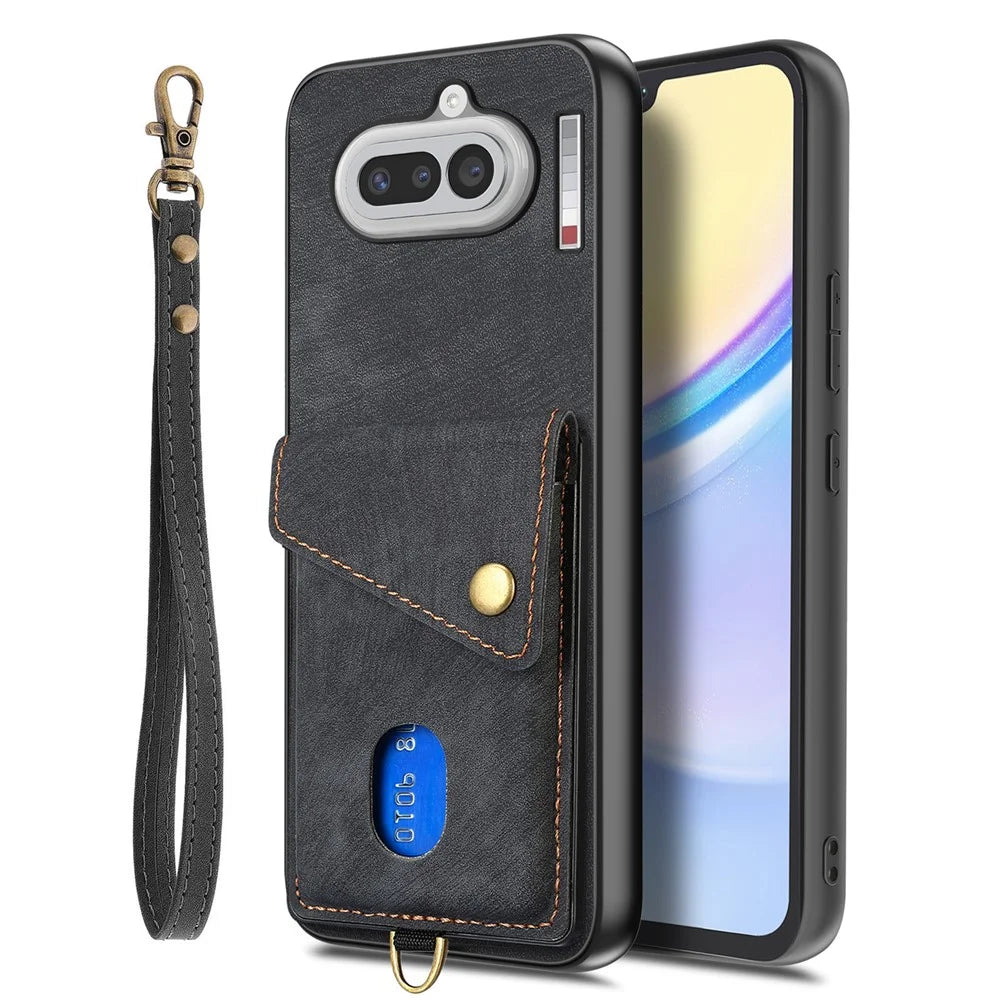 For Nothing Phone (4a) Case with Card Holder Kickstand Leather Phone Back Cover - Black - 4