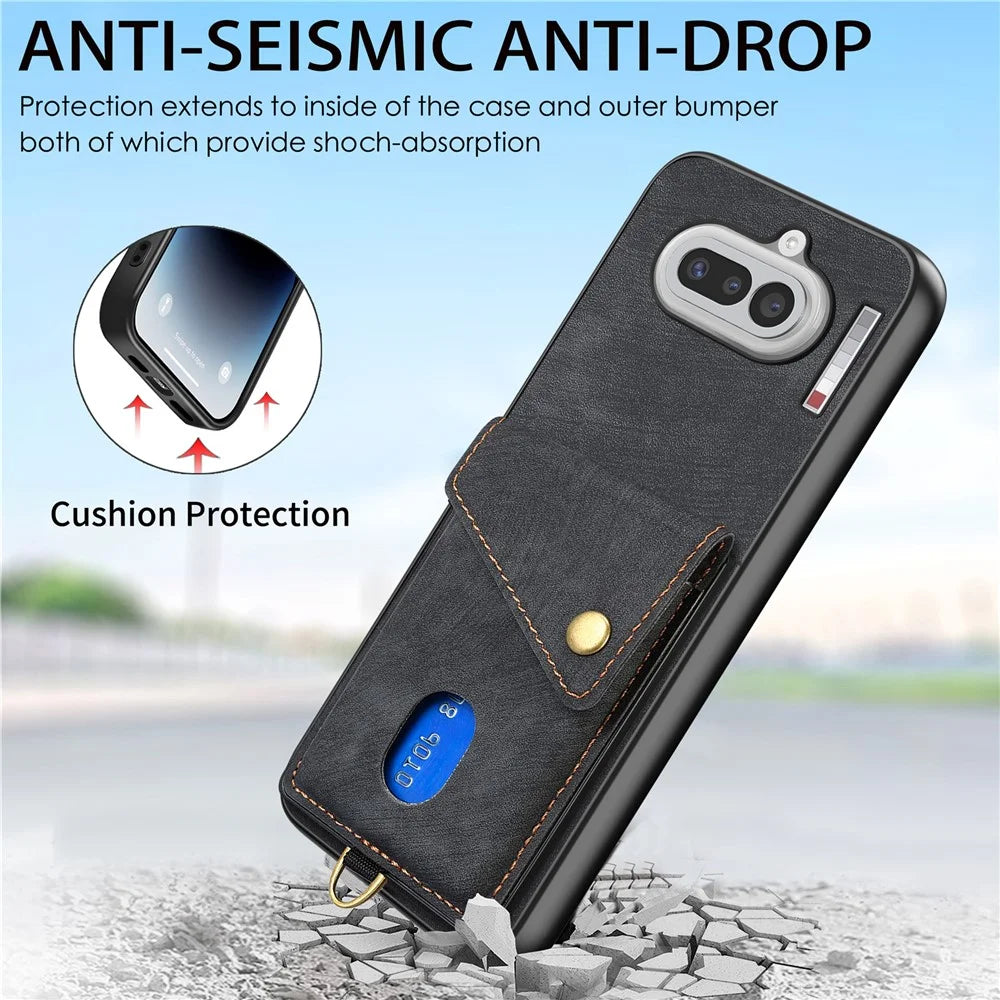 For Nothing Phone (4a) Case with Card Holder Kickstand Leather Phone Back Cover - Black - 7