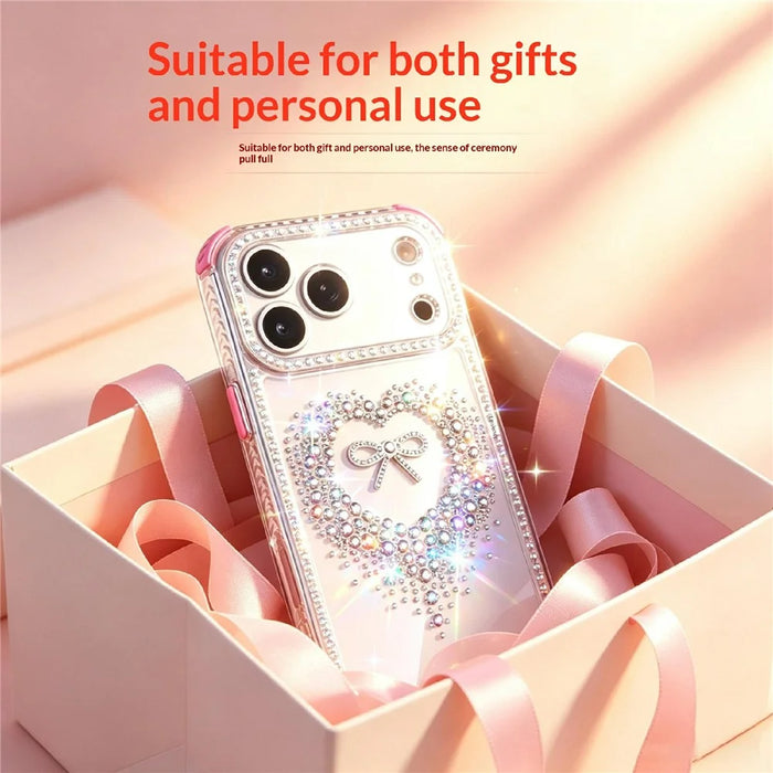 For iPhone 18 Pro / 17 Pro Case Rhinestone Design Heart Bow Aesthetic PC + TPU Corner Protection Phone Cover - Red - 2