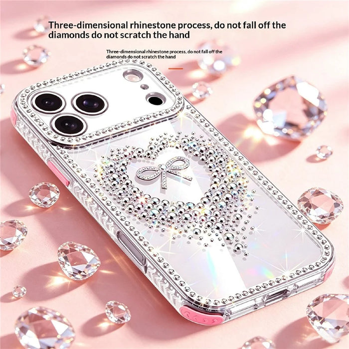 For iPhone 18 Pro / 17 Pro Case Rhinestone Design Heart Bow Aesthetic PC + TPU Corner Protection Phone Cover - Red - 7