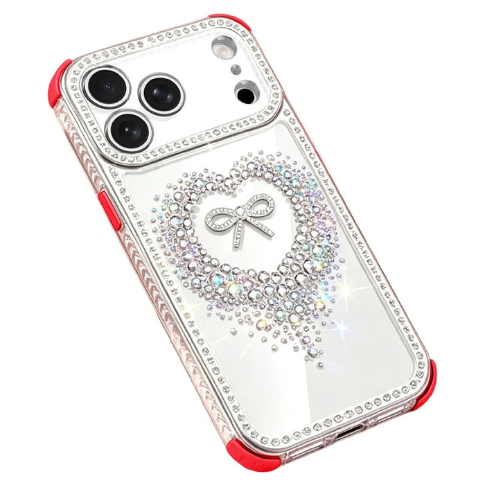 For iPhone 18 Pro Max / 17 Pro Max Case Rhinestone Design Heart Bow Aesthetic PC + TPU Corner Protection Phone Cover - Red - 1