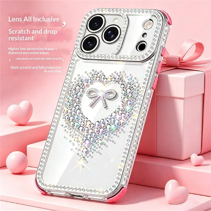 For iPhone 18 Pro Max / 17 Pro Max Case Rhinestone Design Heart Bow Aesthetic PC + TPU Corner Protection Phone Cover - Red - 3