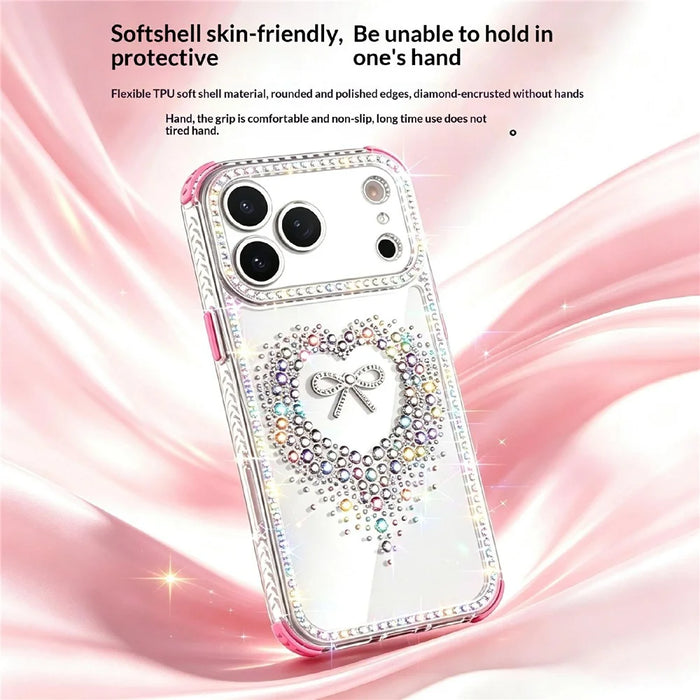 For iPhone 18 Pro Max / 17 Pro Max Case Rhinestone Design Heart Bow Aesthetic PC + TPU Corner Protection Phone Cover - Red - 5