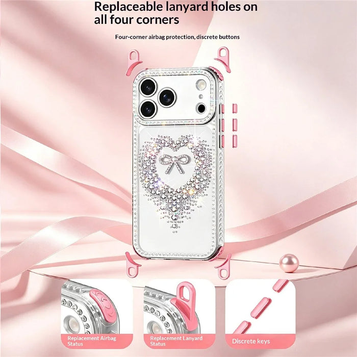 For iPhone 18 Pro Max / 17 Pro Max Case Rhinestone Design Heart Bow Aesthetic PC + TPU Corner Protection Phone Cover - Red - 6
