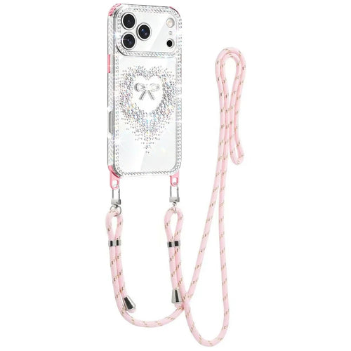 For iPhone 18 Pro / 17 Pro Case Rhinestone Heart Bow PC + TPU Corner Protection Phone Cover with Long Strap - Pink - 1