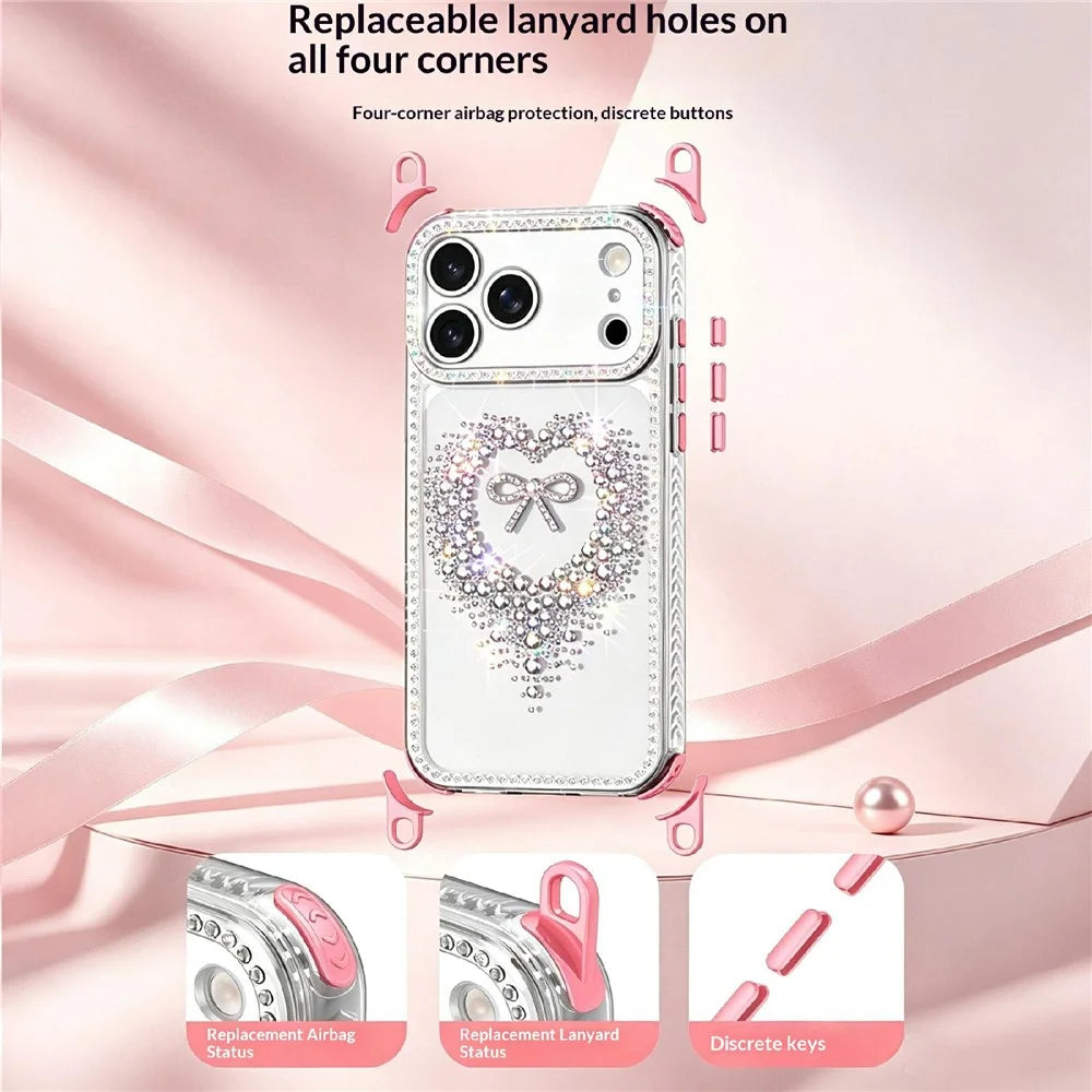 For iPhone 18 Pro / 17 Pro Case Rhinestone Heart Bow PC + TPU Corner Protection Phone Cover with Long Strap - Pink - 6