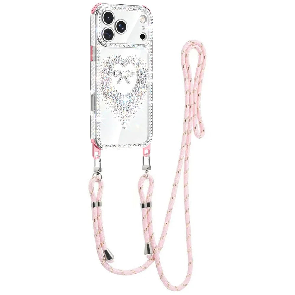 For iPhone 18 Pro Max / 17 Pro Max Case Rhinestone Heart Bow PC + TPU Corner Protection Phone Cover with Long Strap - Orange - Pink - 1