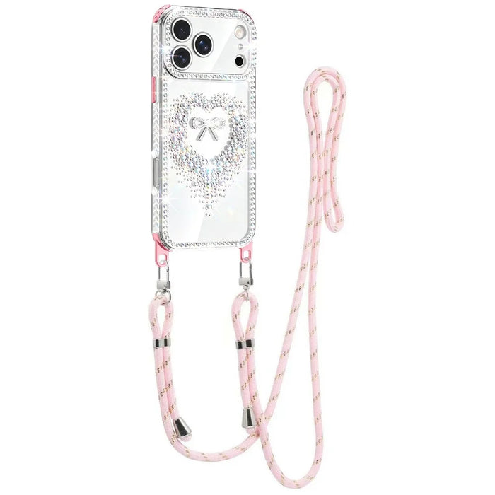 For iPhone 18 Pro Max / 17 Pro Max Case Rhinestone Heart Bow PC + TPU Corner Protection Phone Cover with Long Strap - Orange - Pink - 1
