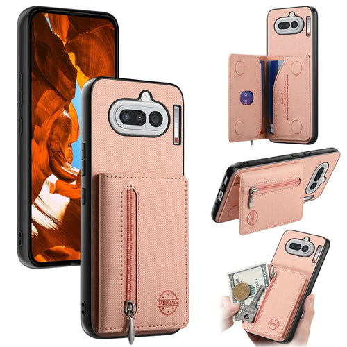 For Nothing Phone (4a) Case Zipper Card Holder Kickstand Jeans Cloth Texture Leather Back Cover - Pink - 1