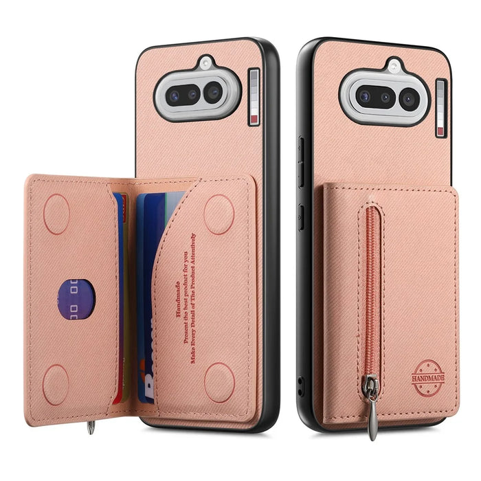 For Nothing Phone (4a) Case Zipper Card Holder Kickstand Jeans Cloth Texture Leather Back Cover - Pink - 2