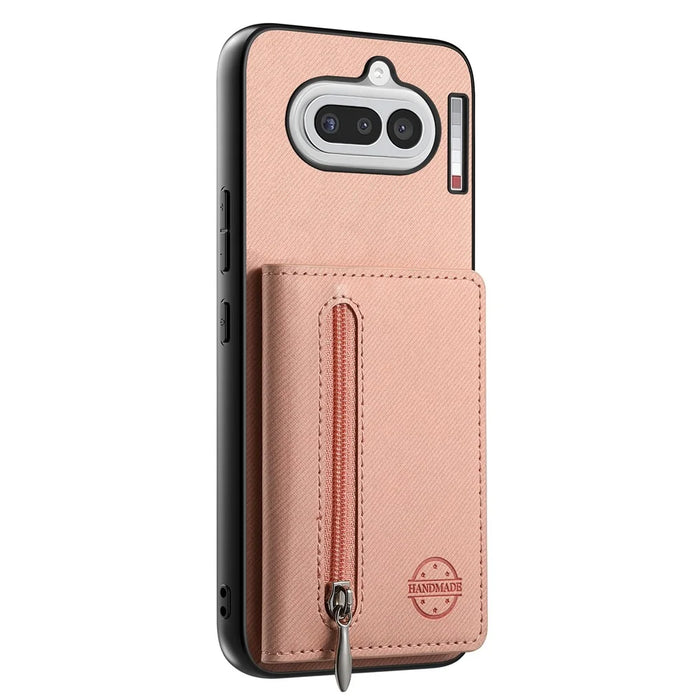 For Nothing Phone (4a) Case Zipper Card Holder Kickstand Jeans Cloth Texture Leather Back Cover - Pink - 3