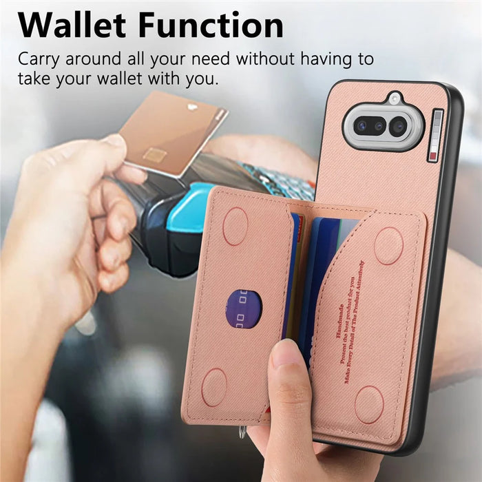For Nothing Phone (4a) Case Zipper Card Holder Kickstand Jeans Cloth Texture Leather Back Cover - Pink - 6