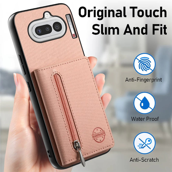 For Nothing Phone (4a) Case Zipper Card Holder Kickstand Jeans Cloth Texture Leather Back Cover - Pink - 7