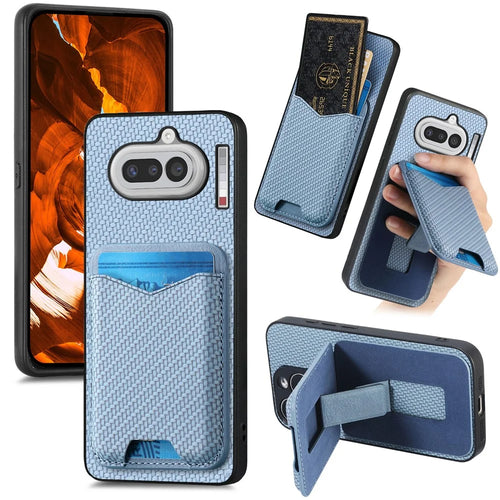 For Nothing Phone (4a) Case Card Holder Kickstand Carbon Fiber Texture Back Cover - Blue - 1