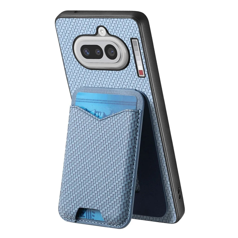 For Nothing Phone (4a) Case Card Holder Kickstand Carbon Fiber Texture Back Cover - Blue - 4