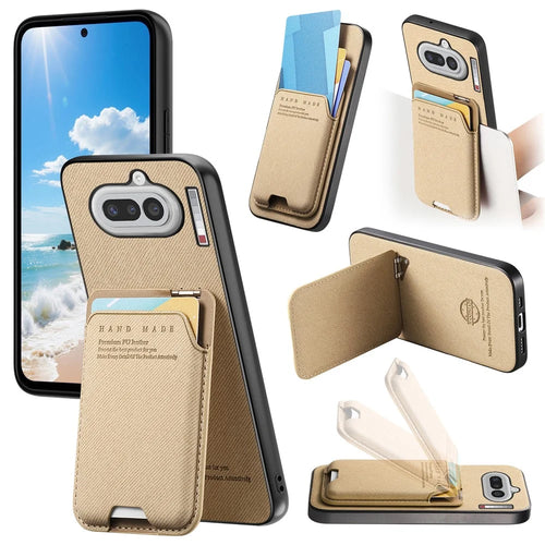 For Nothing Phone (4a) Case Cloth Texture Leather + PC + TPU Phone Cover with Card Holder Kickstand - Khaki - 1