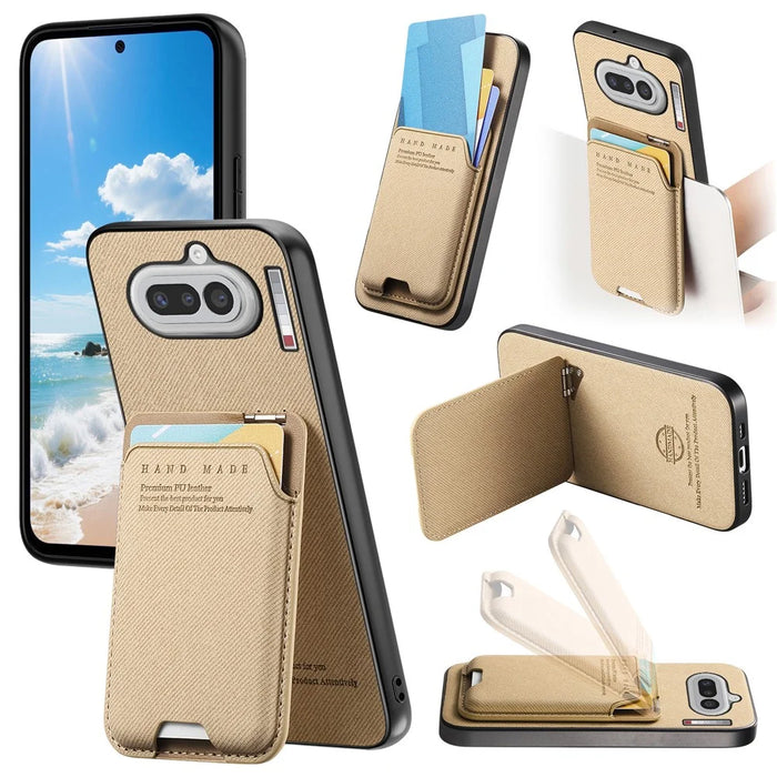 For Nothing Phone (4a) Case Cloth Texture Leather + PC + TPU Phone Cover with Card Holder Kickstand - Khaki - 1