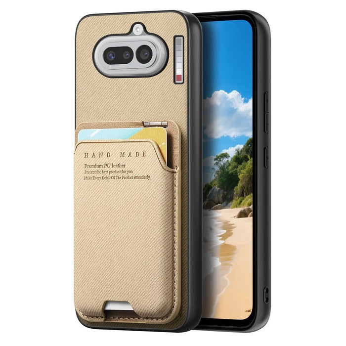 For Nothing Phone (4a) Case Cloth Texture Leather + PC + TPU Phone Cover with Card Holder Kickstand - Khaki - 4