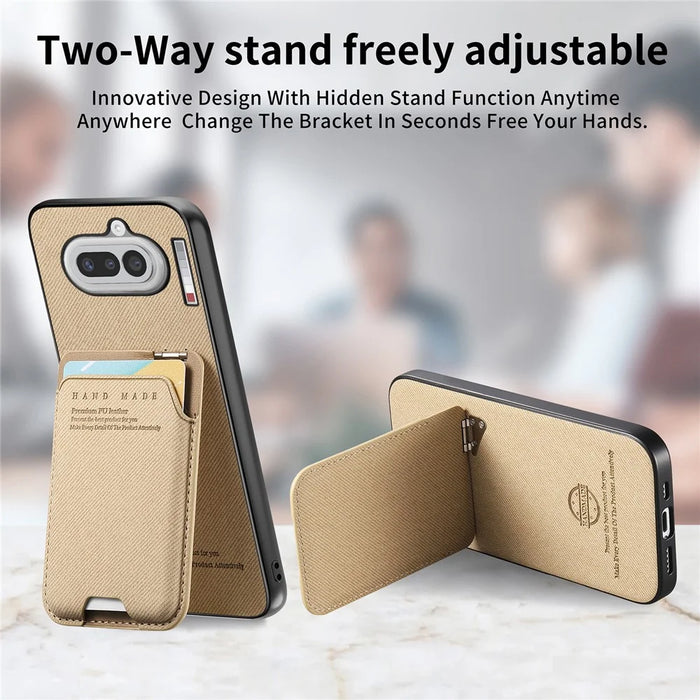 For Nothing Phone (4a) Case Cloth Texture Leather + PC + TPU Phone Cover with Card Holder Kickstand - Khaki - 7