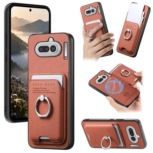 For Nothing Phone (4a) Case Cloth Texture  Leather + PC + TPU Phone Cover with Detachable Magnetic Ring Kickstand Card Holder - Brown - 1