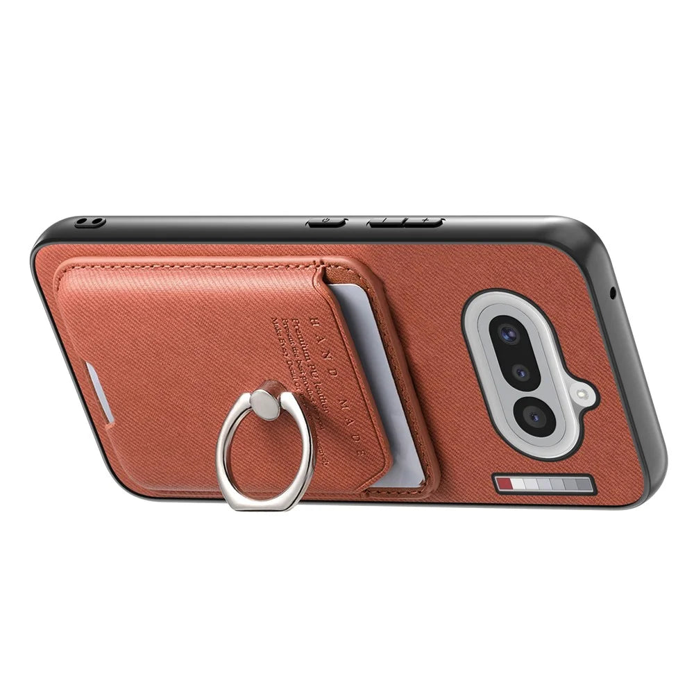 For Nothing Phone (4a) Case Cloth Texture  Leather + PC + TPU Phone Cover with Detachable Magnetic Ring Kickstand Card Holder - Brown - 2