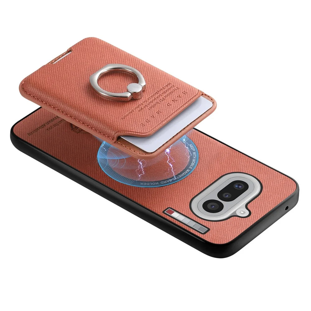 For Nothing Phone (4a) Case Cloth Texture  Leather + PC + TPU Phone Cover with Detachable Magnetic Ring Kickstand Card Holder - Brown - 4
