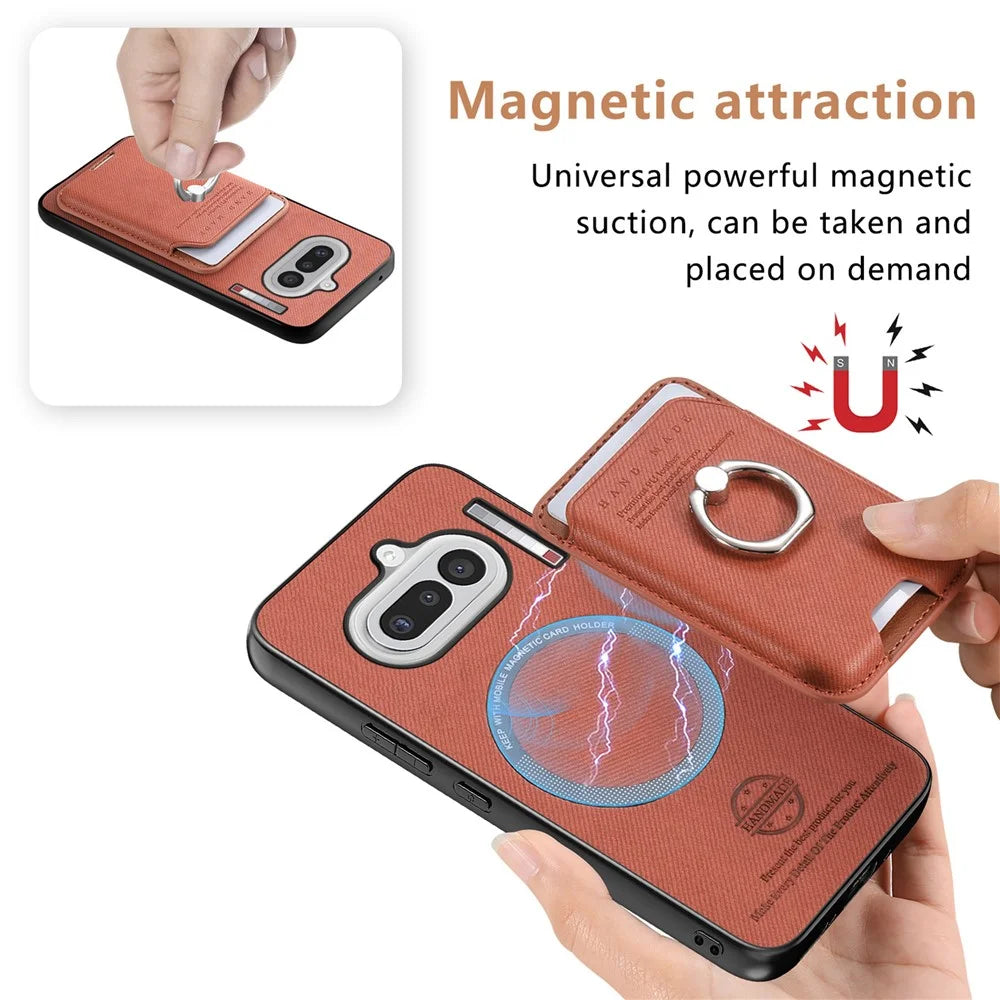 For Nothing Phone (4a) Case Cloth Texture  Leather + PC + TPU Phone Cover with Detachable Magnetic Ring Kickstand Card Holder - Brown - 6