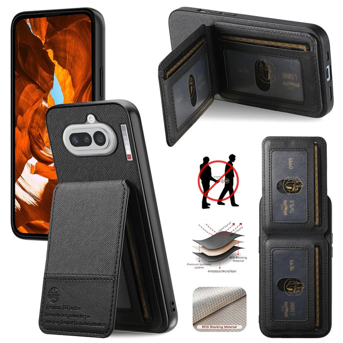 For Nothing Phone (4a) Case Cloth Texture Leather + PC + TPU Cover with RFID Blocking Card Holder - Black - 1