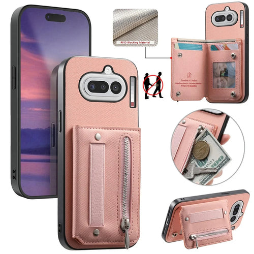 For Nothing Phone (4a) Case RFID Blocking Card Holder Jeans Cloth Texture Leather Back Cover with Elastic Wristband - Pink - 1