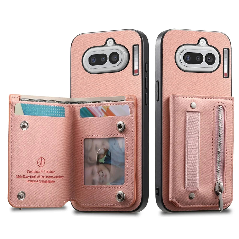 For Nothing Phone (4a) Case RFID Blocking Card Holder Jeans Cloth Texture Leather Back Cover with Elastic Wristband - Pink - 2