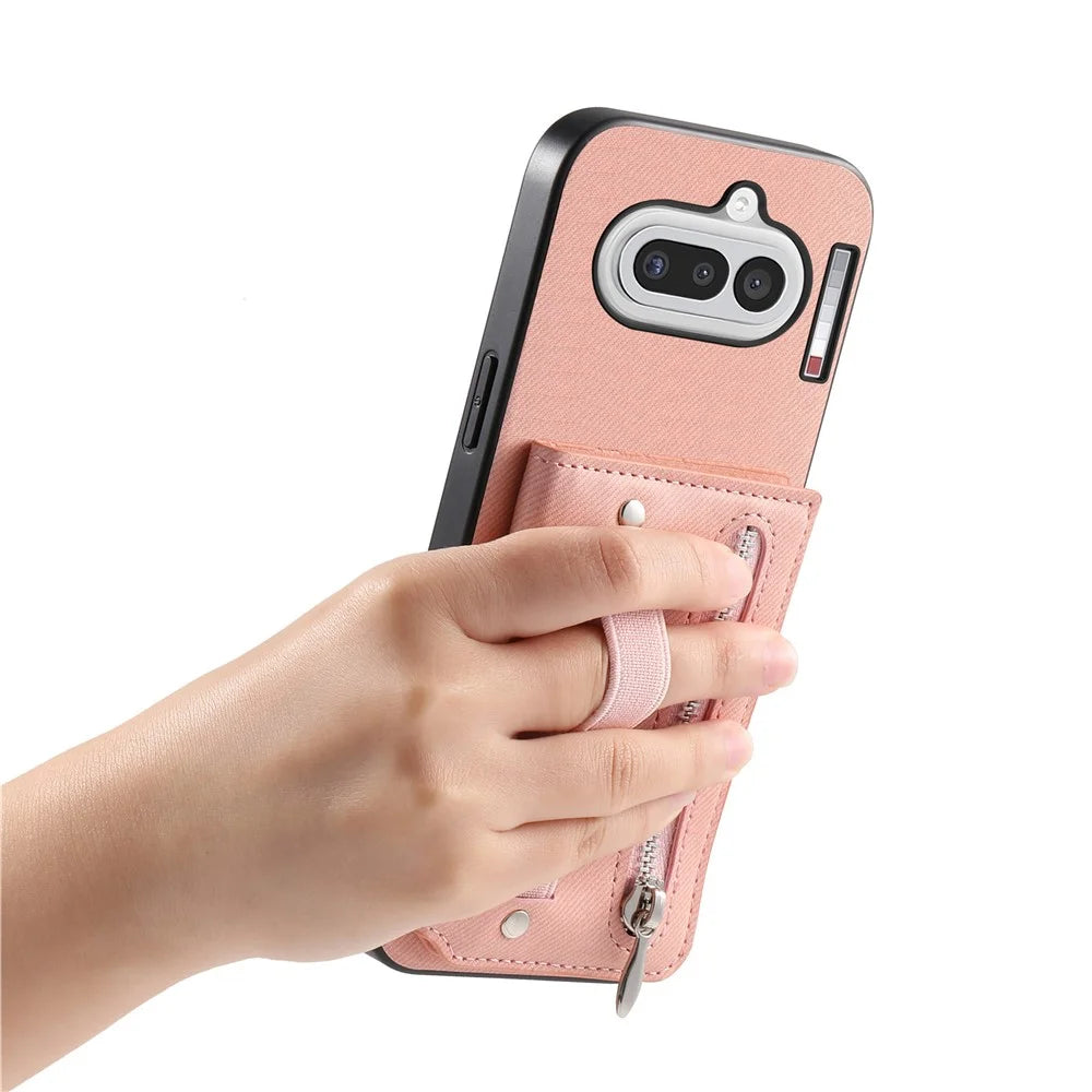 For Nothing Phone (4a) Case RFID Blocking Card Holder Jeans Cloth Texture Leather Back Cover with Elastic Wristband - Pink - 3