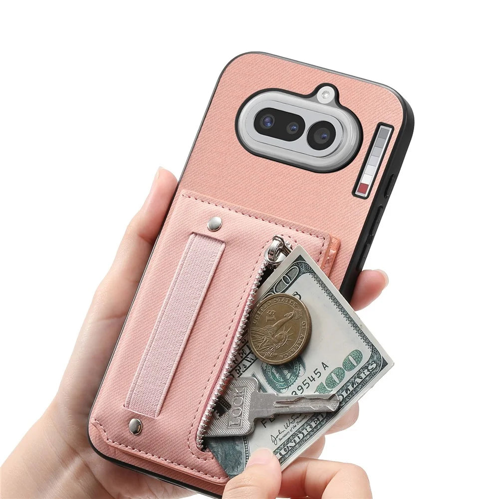 For Nothing Phone (4a) Case RFID Blocking Card Holder Jeans Cloth Texture Leather Back Cover with Elastic Wristband - Pink - 4
