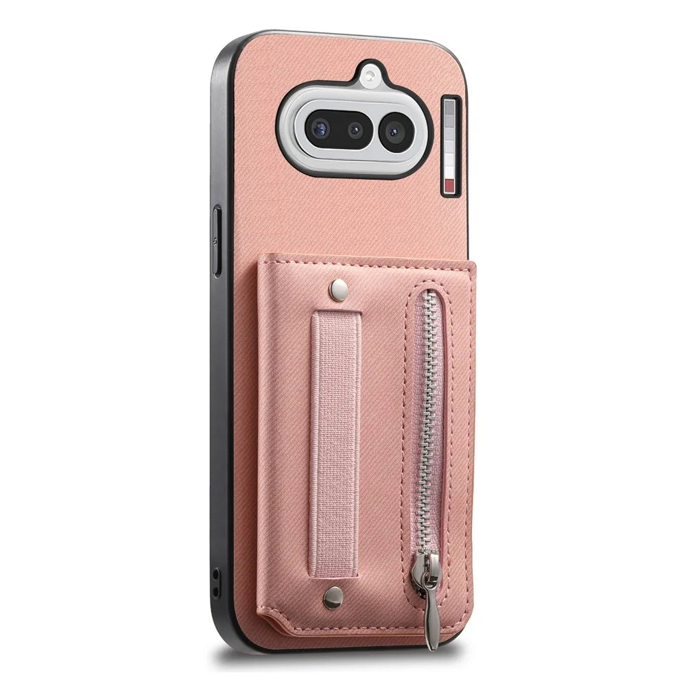 For Nothing Phone (4a) Case RFID Blocking Card Holder Jeans Cloth Texture Leather Back Cover with Elastic Wristband - Pink - 5